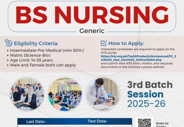 Admissions Open for BS Nursing (Generic) at National Institute of Allied Health Sciences (NIAHS), Hyderabad – Launch Your Career in Medical Jobs in Pakistan (2025-26)