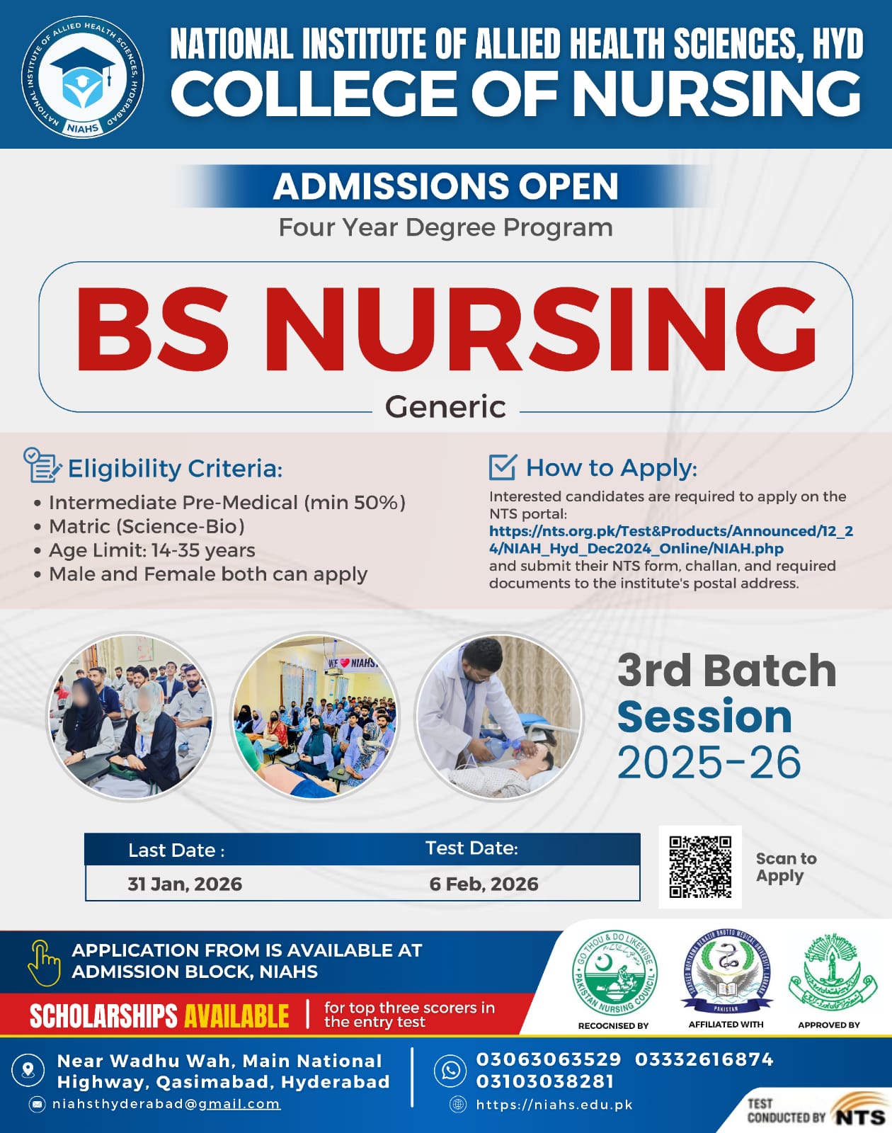 Admissions Open for BS Nursing (Generic) at National Institute of Allied Health Sciences (NIAHS), Hyderabad – Launch Your Career in Medical Jobs in Pakistan (2025-26)